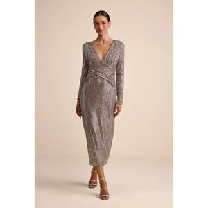 Lulu's Midi Dress Brown Silver Sequin Plunge Neck Long Sleeve Size XS Party